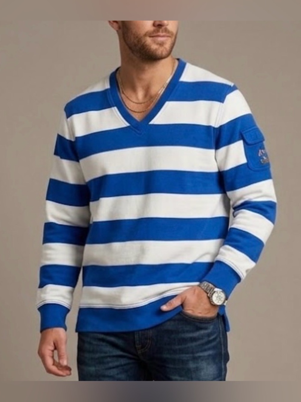 Ralph Lauren Striped V-Neck Sweatshirt Nautical 1967 Crest Blue White Size M S